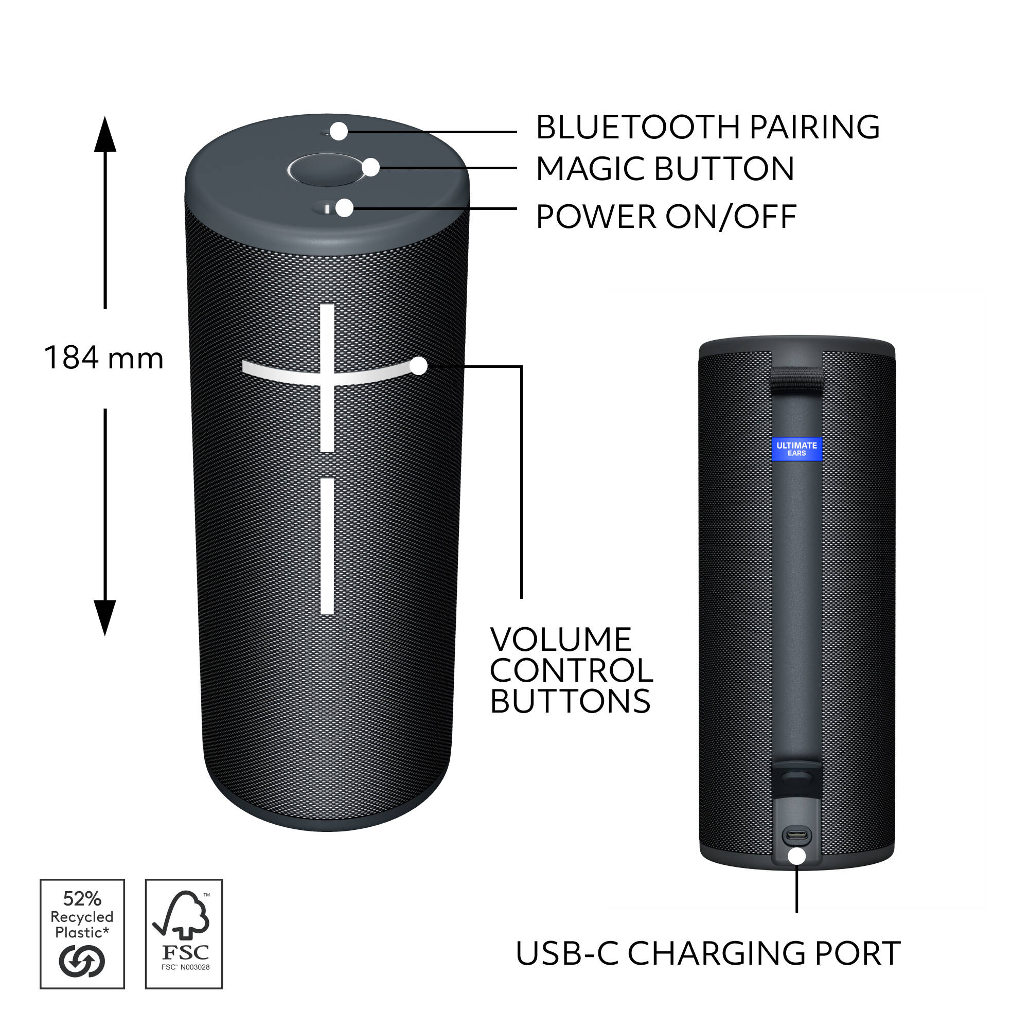 UE BOOM 4 portable wireless Bluetooth speaker in black — view 6