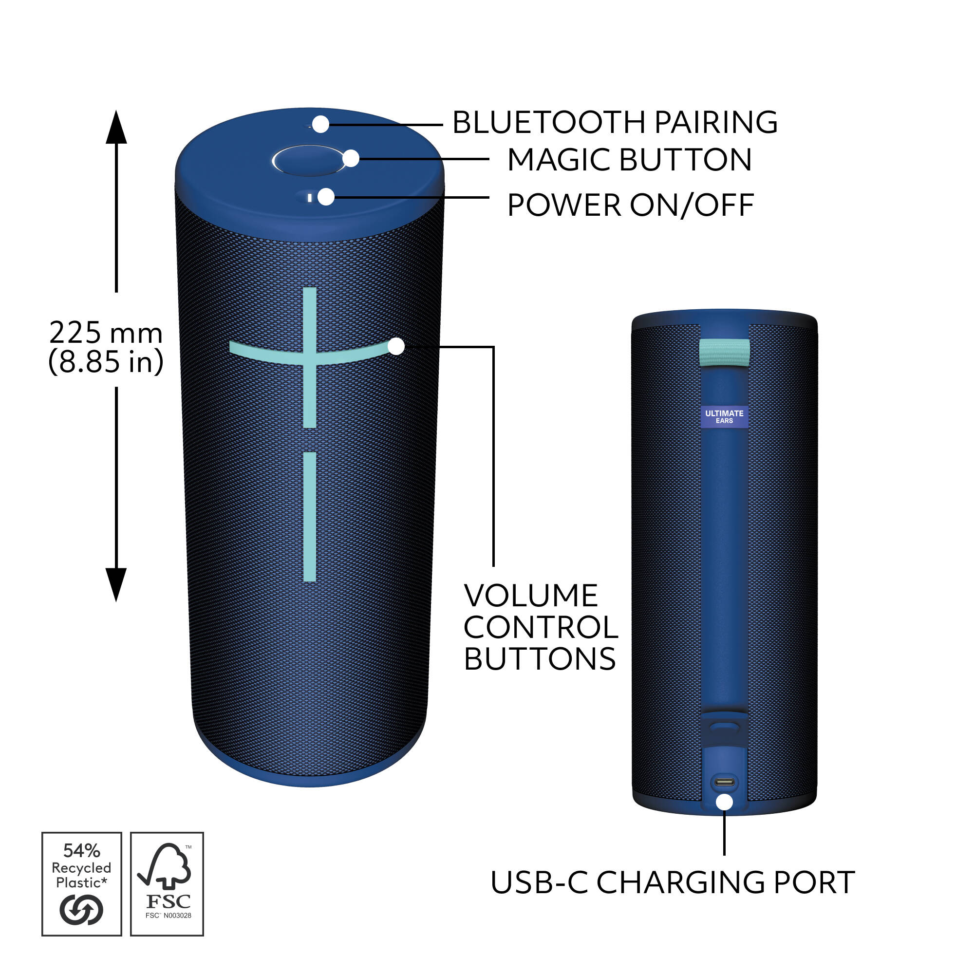 UE MEGABOOM 4 wireless Bluetooth speaker in Blue, portable cylindrical design — view 5