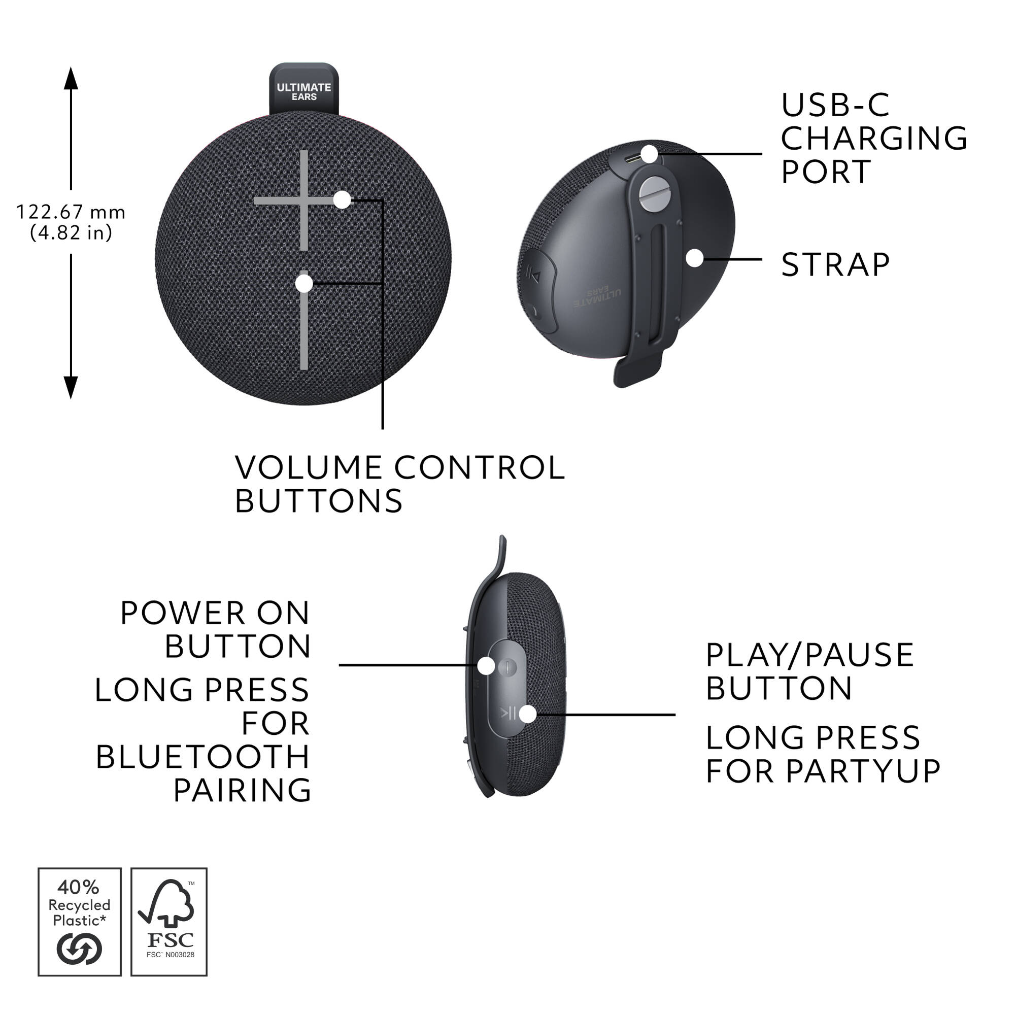 UE Mini Roll Black compact portable speaker with hookable strap — view 8