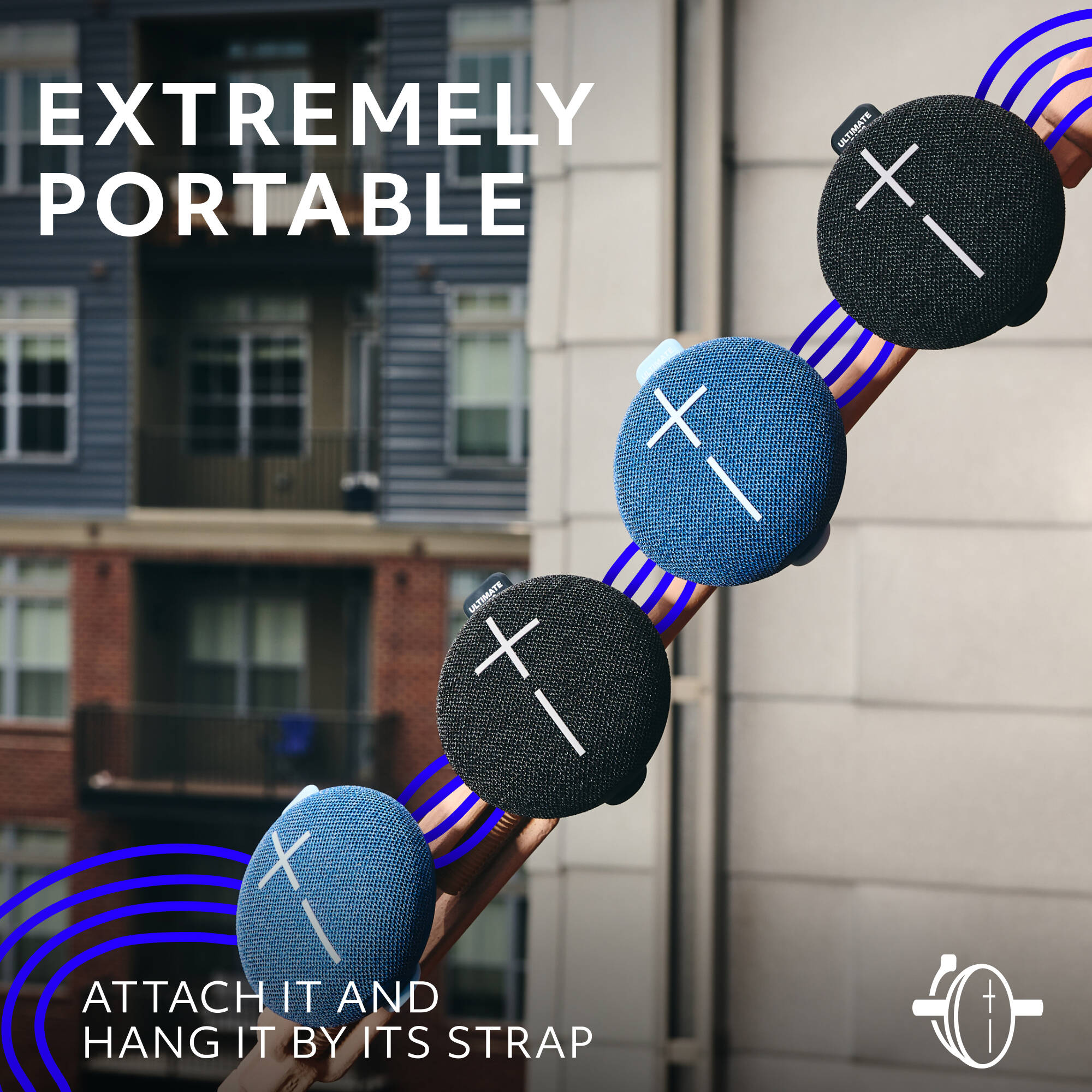 Logitech UE Mini Roll Blue compact portable speaker with hookable strap — view 3