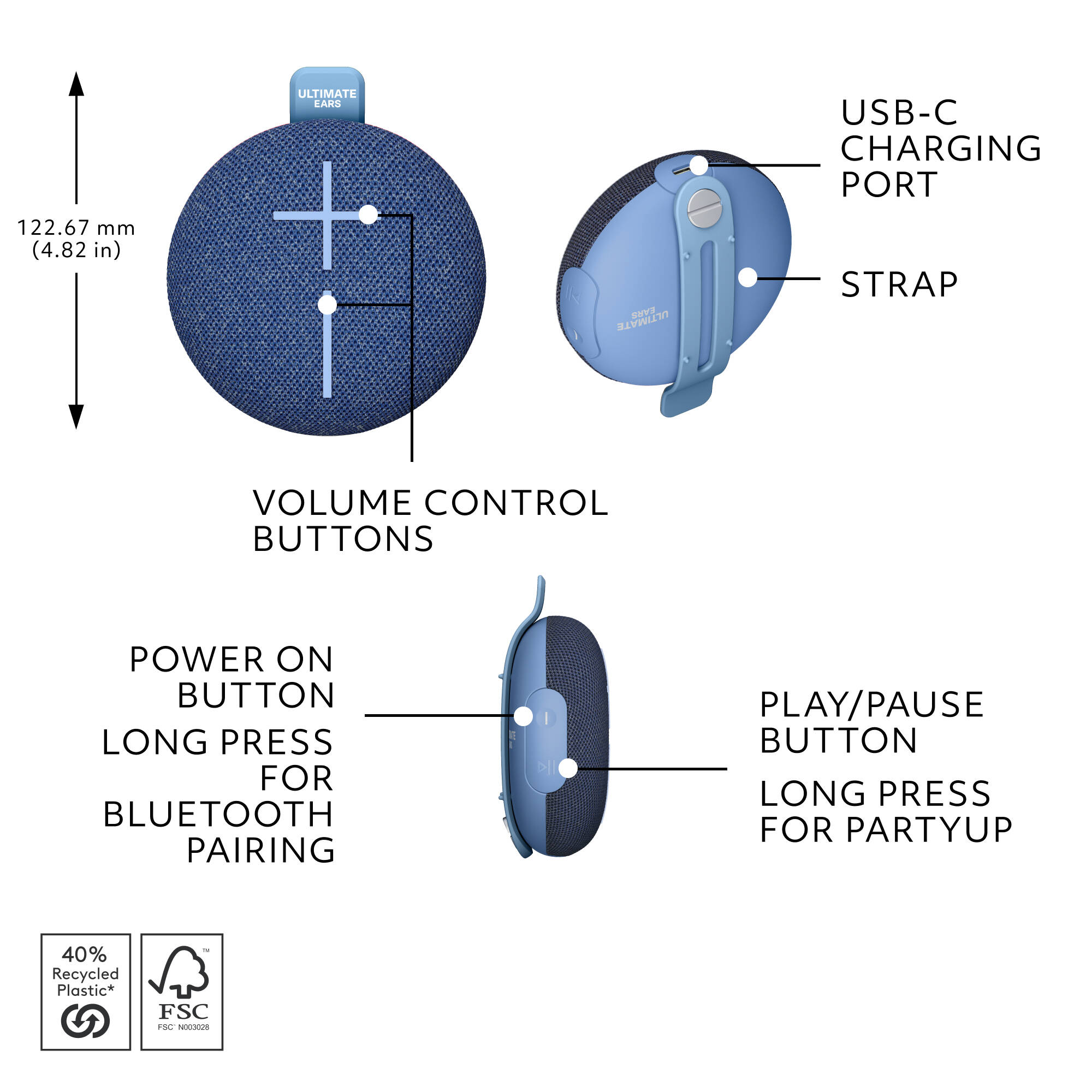 Logitech UE Mini Roll Blue compact portable speaker with hookable strap — view 8