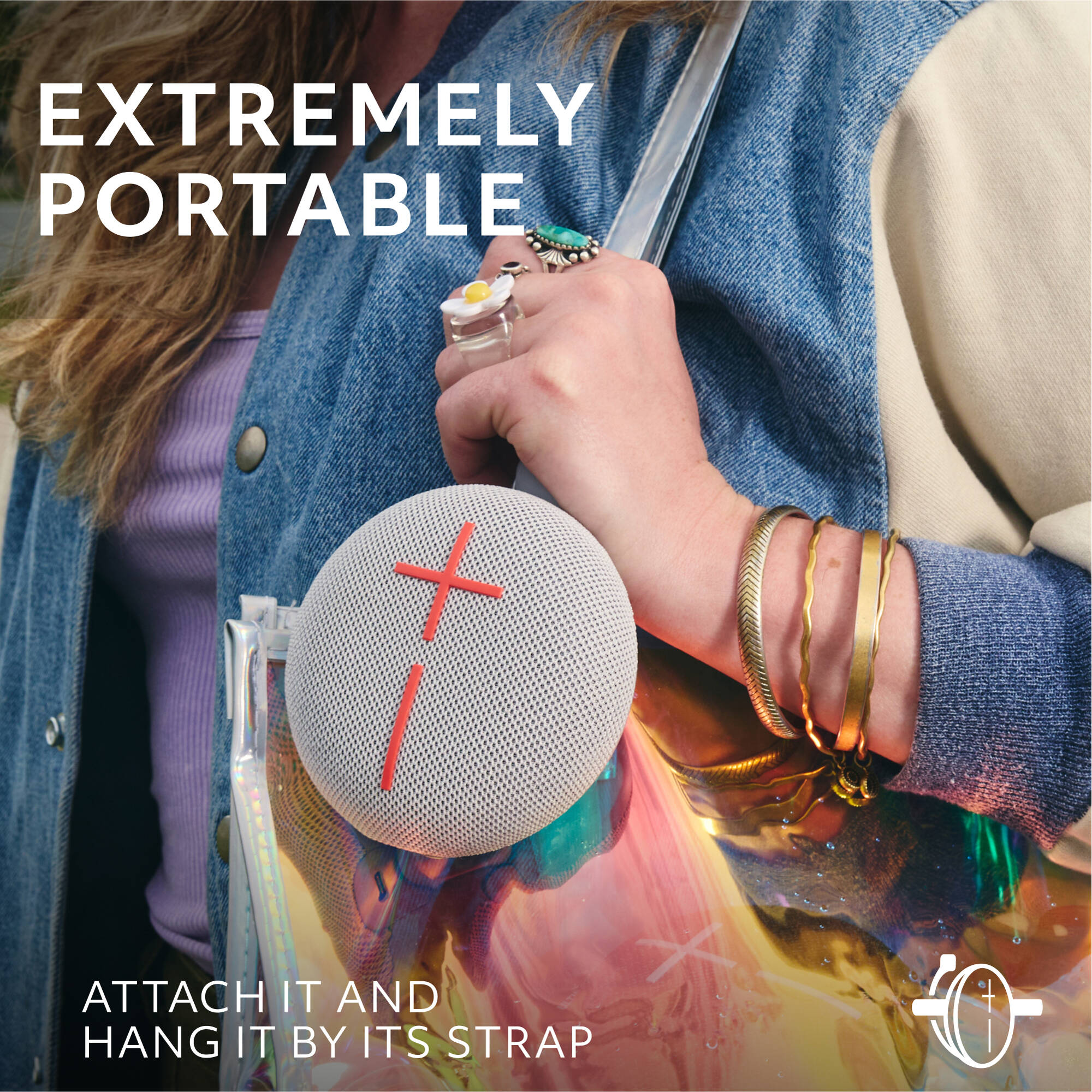Logitech UE Mini Roll Gray compact portable speaker with hookable strap — view 3