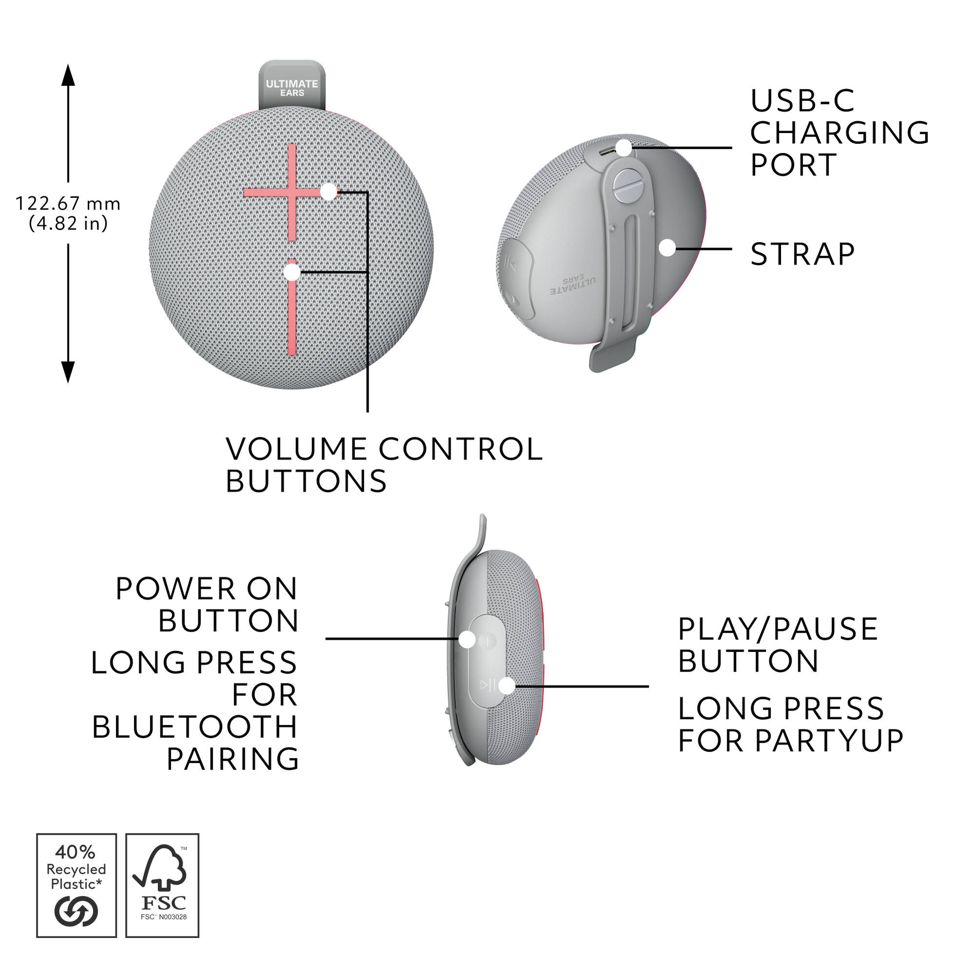 Logitech UE Mini Roll Gray compact portable speaker with hookable strap — view 8