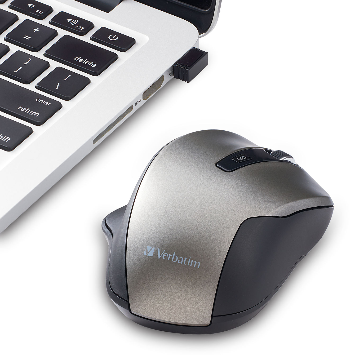 Verbatim Silent Ergonomic Wireless Blue LED Mouse in black, angled view — view 4