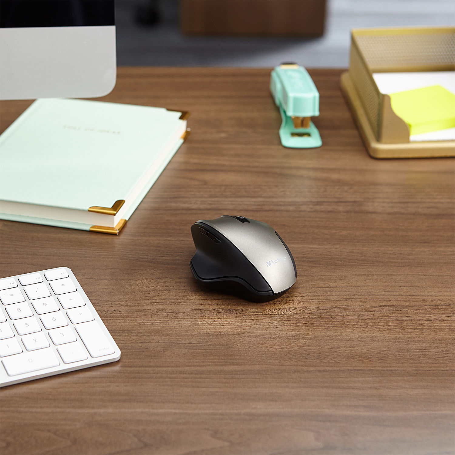 Verbatim Silent Ergonomic Wireless Blue LED Mouse in black, angled view — view 5