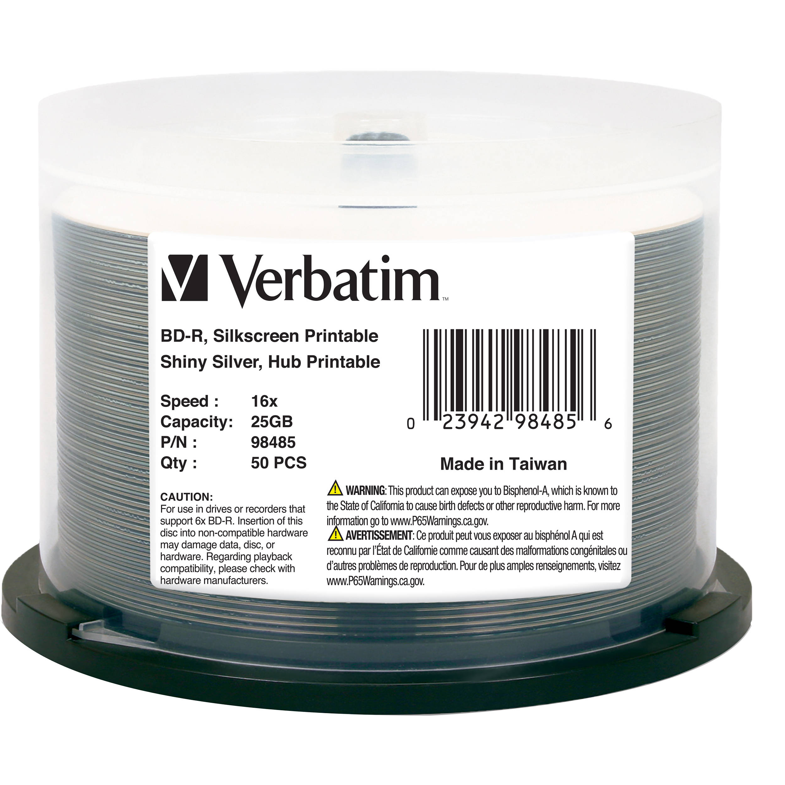 Verbatim Bd-R 25gb 16x Shiny Silver Silk Screen Printable, Hub Printable-50pk Sp