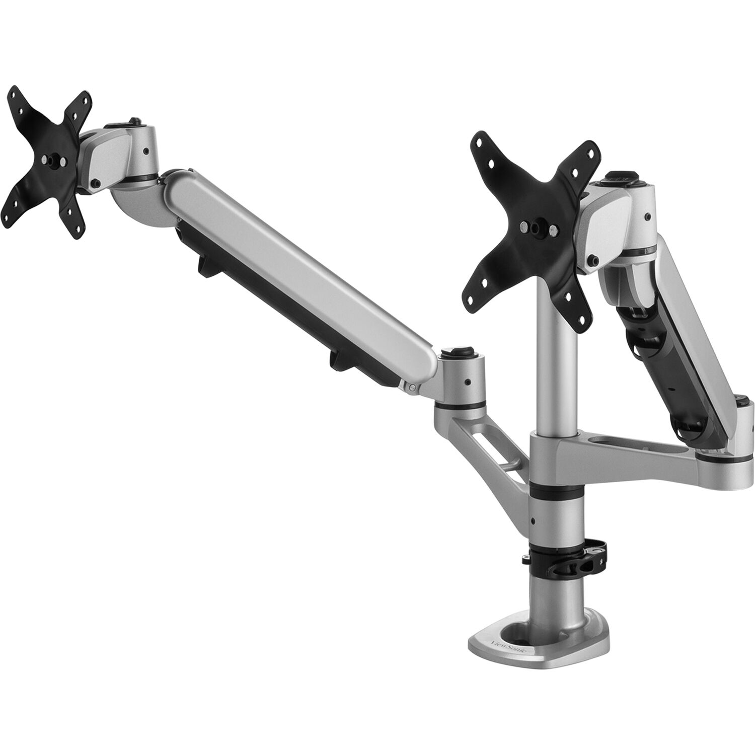 Spring-loaded dual monitor arm mount for two displays on a desk — view 2
