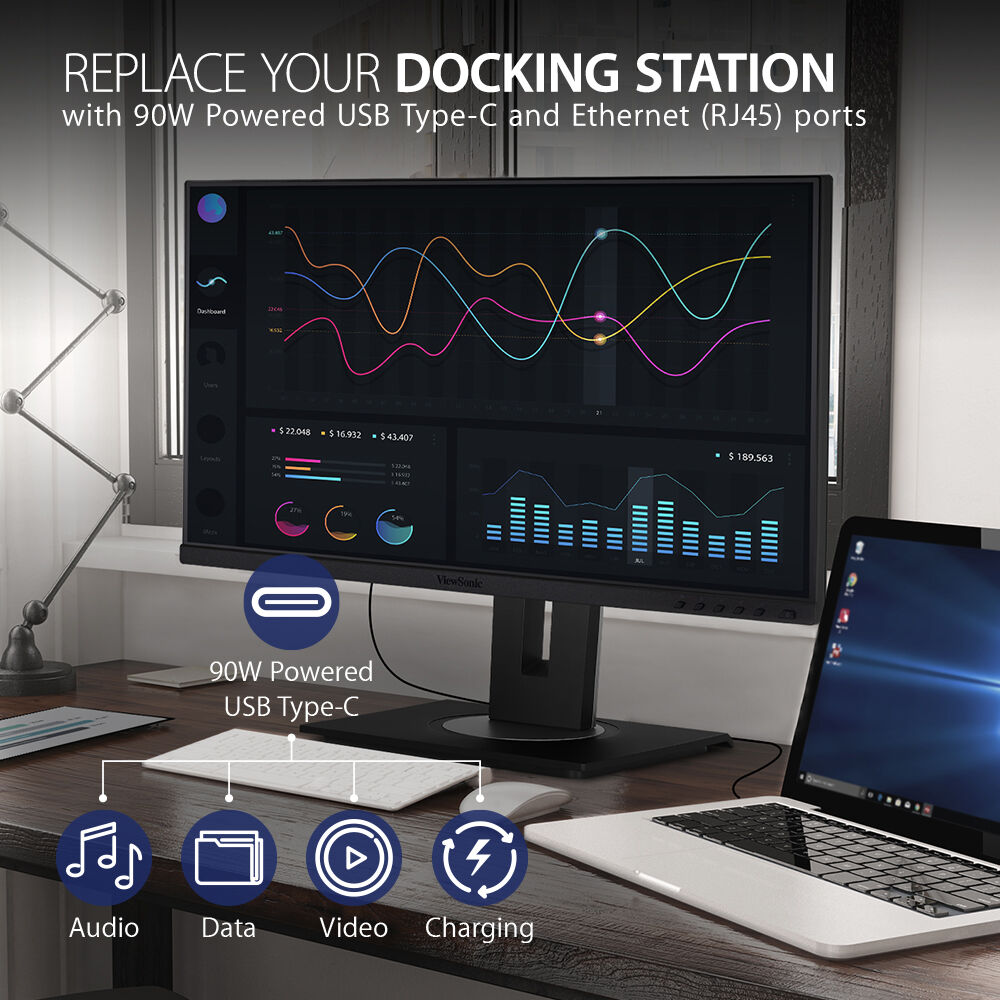 ViewSonic VG2456A 24-inch IPS docking monitor with USB-C, RJ45, and ergonomic stand — view 12