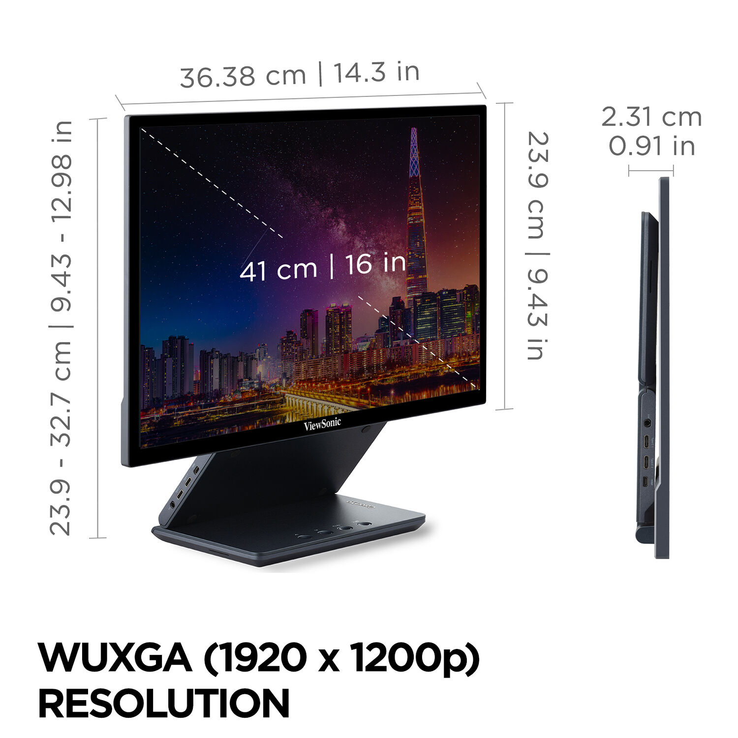ViewSonic VP1656 16-inch portable monitor with 1,920 x 1,200 resolution, ergonomic stand, and carrying case — view 16